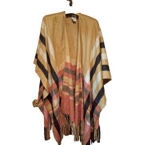 Woolrich Sweater OS Tan Open Neck Poncho Red Striped Western Blanket Wrap HIPPIE